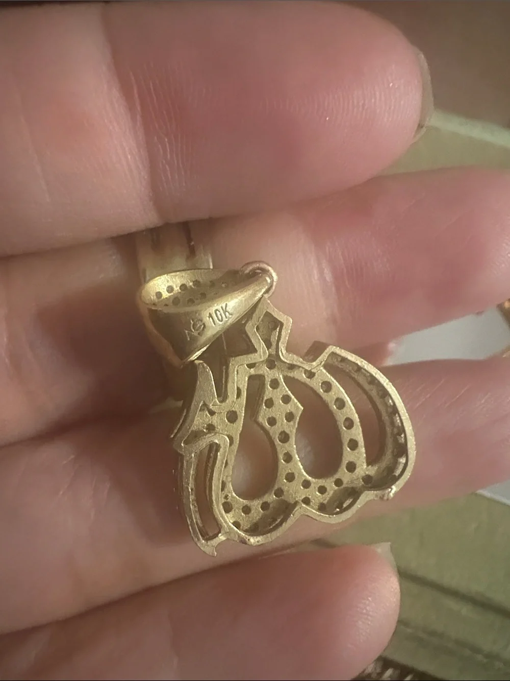 Real Vintage Gold 10K Arabic Calligraphy Pendant Necklace 1C natural diamonds.